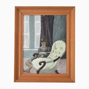 Cornish Interior Scene with Girl and Chair, Oil on Board, Framed