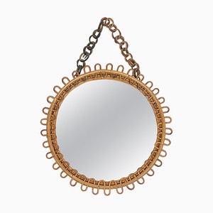 Mid-Century Italian Wall Mirror in Rattan and Bamboo with Chain, 1960s
