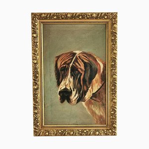 Victorian Portrait of a Bernard Dog, Oil on Canvas, Framed