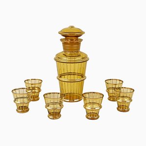 Art Deco Glass Decanter Set in Amber Colored Gilt, 1920, Set of 7