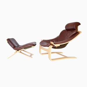 Swedish Brown Leather Kroken Lounge Chair and Ottoman by Åke Fribytter for Nelo Möbel , 1970s, Set of 2