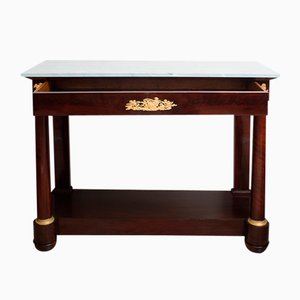 Antique French Empire Mahogany Console Table with Grey Bardiglio Marble, 19th Century