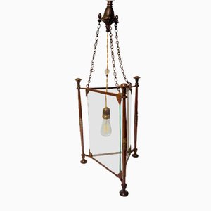Art Nouveau Style Triangular-Shaped Lantern in Bronze and Glass