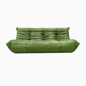 Vintage Green Leather Togo Sofa by Michel Ducaroy for Ligne Roset, 1970s