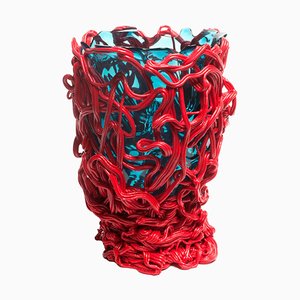 Special Clear Aqua and Coral Red Spaghetti Vase by Gaetano Pesce for Fish Design