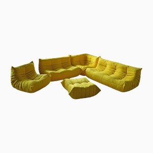 Dubai Yellow Leather Togo Living Room Set by Michel Ducaroy for Ligne Roset, 1979, Set of 5