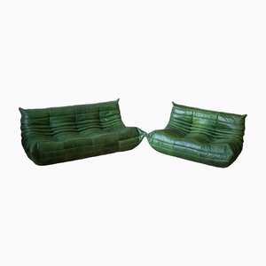 Dubai Green Leather Togo Sofa Set by Michel Ducaroy for Ligne Roset, 1970s, Set of 2