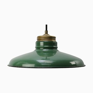 Vintage American Industrial Pendant Made of Green Enamel With Brass Top.