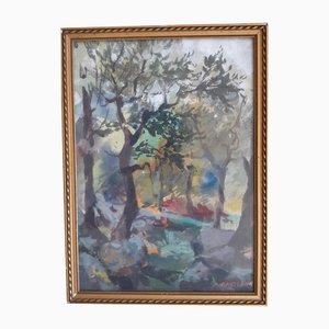 Adolphe Bartlein, Outdoor Scene, Watercolor, Framed