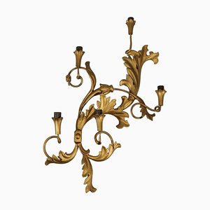 Lampada da parete in stile barocco in metallo dorato e legno, Italia