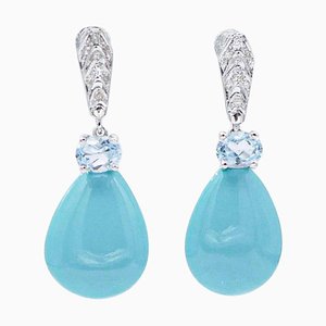14 Karat White Gold Dangle Earrings with Turquoises, Aquamarine and Diamonds, Set of 2