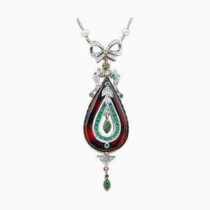 Halskette aus Silber und Roségold mit Steinen, Smaragden, Diamanten und Perlen