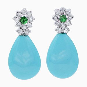 14 Karat White Gold Dangle Earrings with Turquoises, Tsavorites and Diamonds, Set of 2