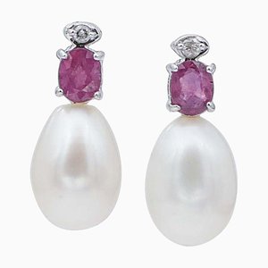 18 Karat White Gold Dangle Earrings with Pearls, Rubies and Diamonds, Set of 2