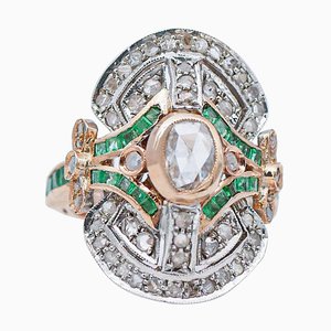 14 Karat Rose Gold and Silver Ring with Emeralds and Diamonds