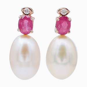 Boucles d'Oreilles en Or Rose 18 Carats avec Perles Roses, Rubis et Diamants, Set de 2