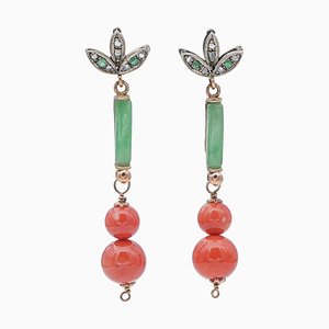 Rose Gold and Silver Earrings with Coral, Jade, Emeralds and Diamonds, Set of 2