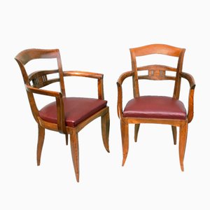 Art Deco Bridge Armchairs in Leather and Walnut, 1930, Set of 2