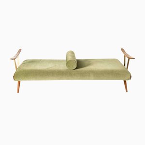 Wood, Brass and Velvet Green Fabric Daybed, 1950s