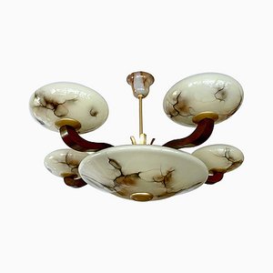 Large Art Deco Pendant Light in Wood and Marble Glass, 1930s