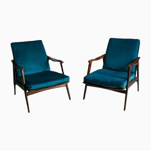Vintage Italian Reclining Lounge Chairs in Teak and Blue Velvet, Set of 2