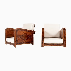 North African Marquetry and Beige Bouclette Armchairs, Set of 2