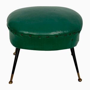 Vintage Italian Green Leatherette Pouf With Brass Feet, 1950s