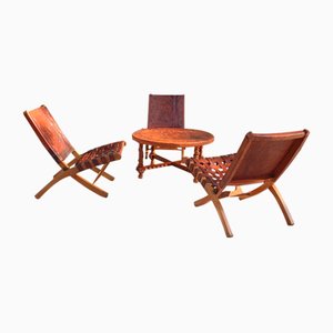 Folding Chairs and Round Leather Coffee Table by Angel Pazamino for Meubles De Estilo, Ecuador, 1960s, Set of 4