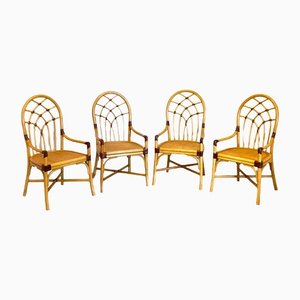 Bamboo & Leather Armchairs, 1970s, Set of 4