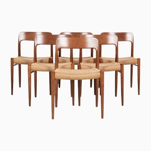 Mid-Century Danish Model 75 Dining Chairs in Teak & Original Paper Cord by Niels Otto Møller, Set of 6