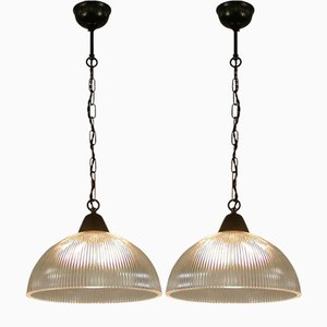 Art Deco Industrial Holophane Glass Pendant Lamps, France, 1930s-1940s, Set of 2