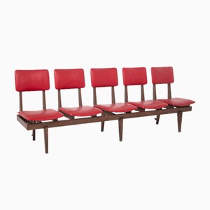 Vintage Italian Bench with 5 Red Leather Seats