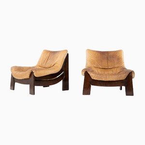 Leather and Wood Lounge Chairs, 1950s, Set of 2