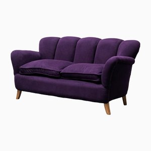 Sofá de dos plazas Mid-Century de terciopelo morado, años 50