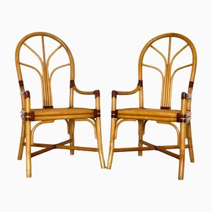Bamboo & Leather Armchairs, 1970s, Set of 2