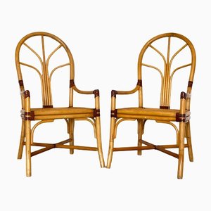 Set of Bamboo & Leather Armchairs, 1970s