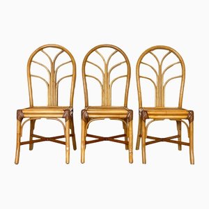 Bamboo & Leather Dining Chairs, 1970s, Set of 3