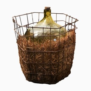 Large Vintage 40 Liter Wine Bottle in Metal Basket