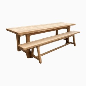 Grande Table de Ferme et Banc en Chêne, Set de 2