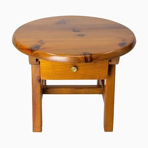 French Round Pine Coffee Table with Drawer, 1970s