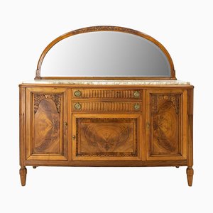 Art Deco Buffet Credenza Cabinet Walnut Marble Top with Semicircle Mirror, 1930s