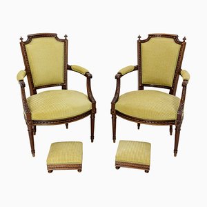 Mid-Century French Open Armchairs with Footstools, Set of 4