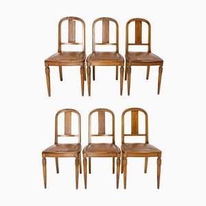 Art Deco French Walnut and Skai Dining Chairs, 1930s, Set of 6