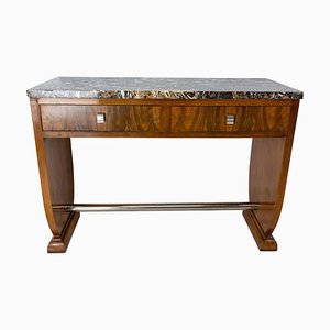 Art Deco French Walnut Console or Desk with Two Drawers & Marble Top, 1930s