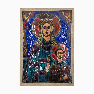 Placa de la Virgen del Niño Mid-Century esmaltada, años 60