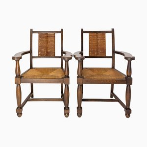 Mid-Century Beech and Straw Armchairs, France, 1940, Set of 2