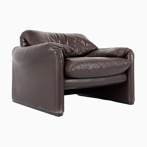 Mid-Century Modern Maralunga Brown Leather Armchair by Vico Magistretti for Cassina
