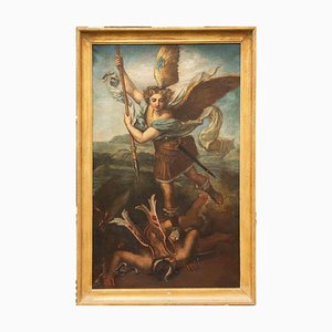 Nachher Nach Raffaello Sanzio, St. Michael und der Teufel, Reproduktion, Ende 19. Jh., Öl auf Leinwand, Gerahmt