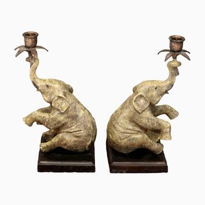 Cold Painted Bronze Elephant Candlesticks, Set of 2