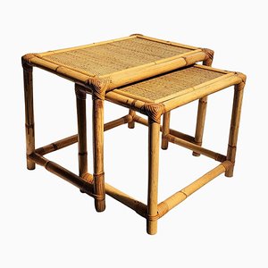 Tavolini ad incastro in bambù e vimini, Italia, anni '60, set di 2